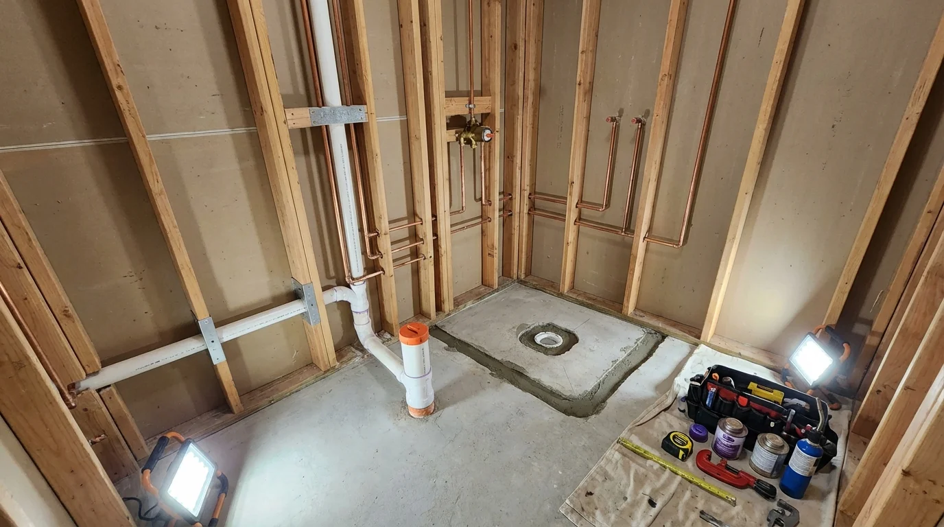 Bathroom rough-in plumbing during remodel by Johns Plumbing LLC in Gervais