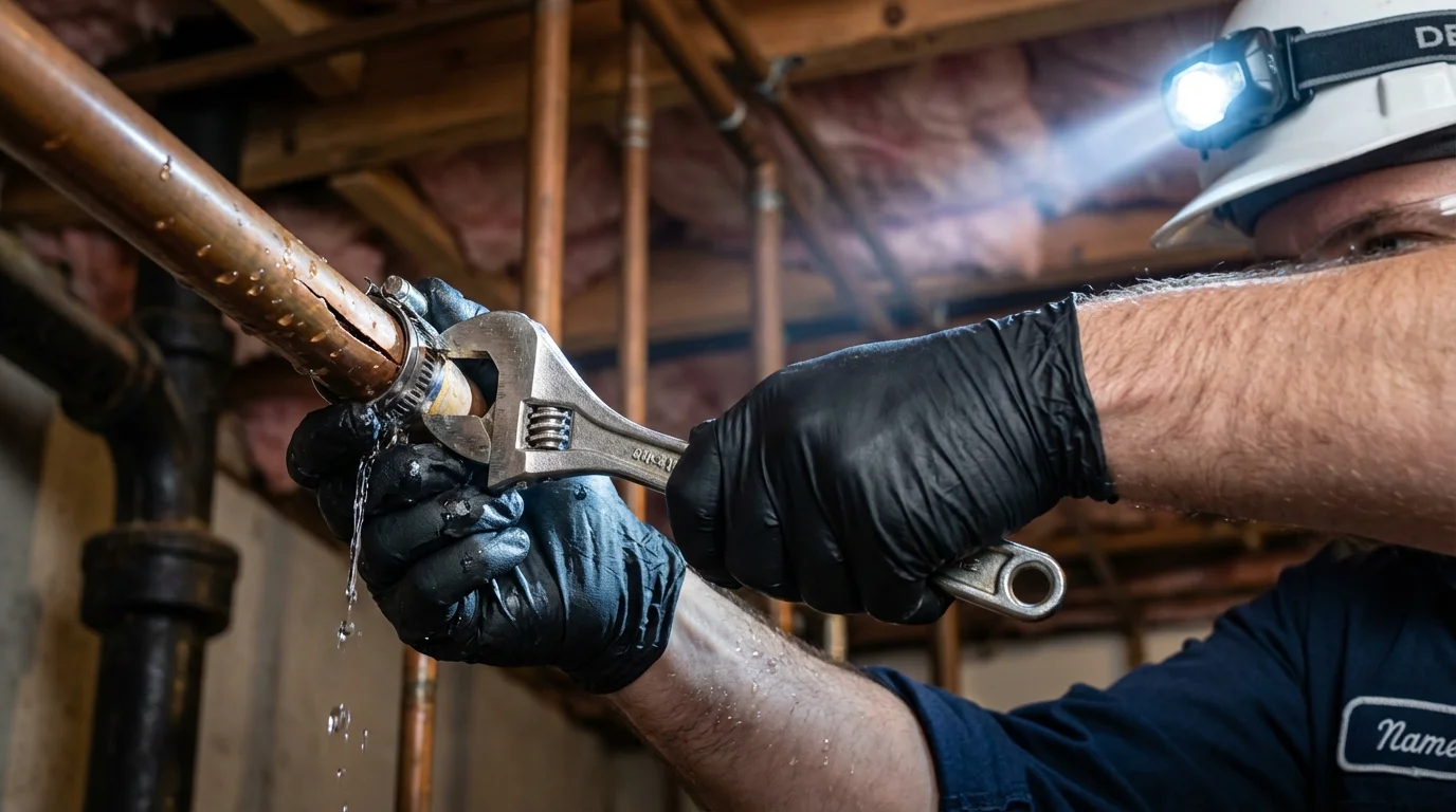 Emergency pipe clamp repair being performed by a Johns Plumbing LLC plumber in Gervais