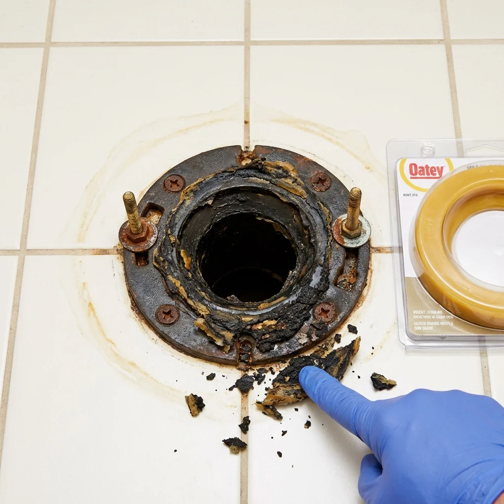 Failed wax ring showing water seepage at the base of a toilet in a Gervais, OR home