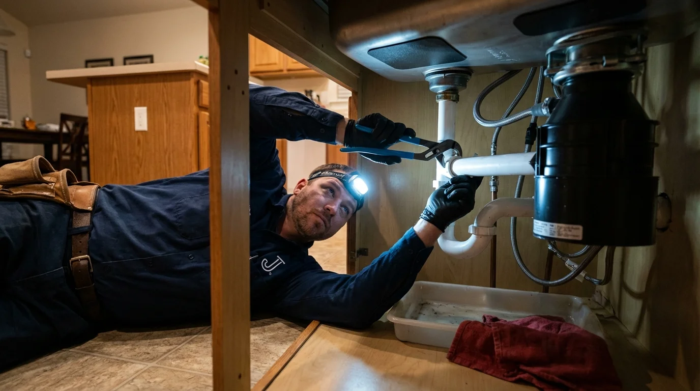 P-trap and supply line connections under a kitchen sink showing a common leak point in Gervais, OR